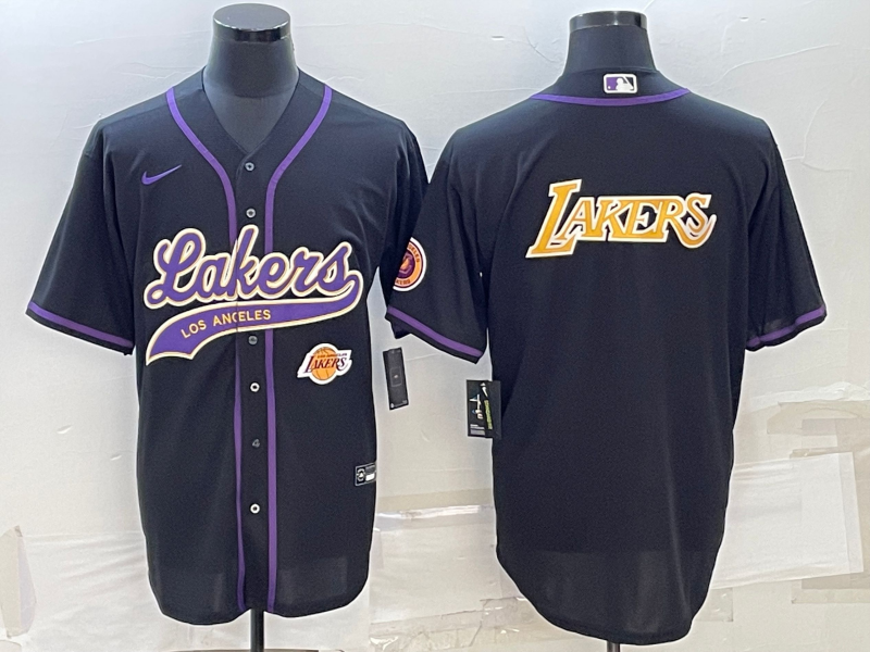 Men's Los Angeles Lakers Black Big Logo With Patch Cool Base Stitched Baseball Jersey